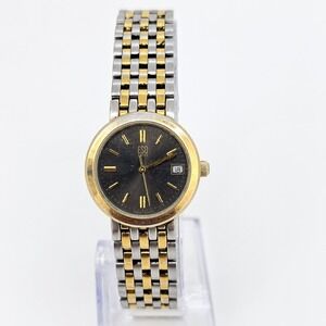ESQ Movado Women's Watch 25MM Black Dial Date Two‎ Tone Band 7" New Battery